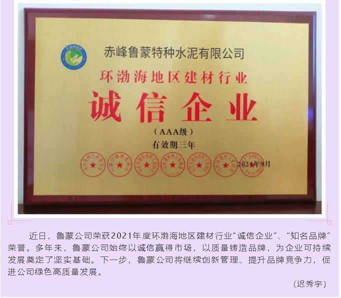 魯蒙公司榮獲2021年度環(huán)渤海地區(qū)建材行業(yè)“誠信企業(yè)”、“知名品牌”榮譽95